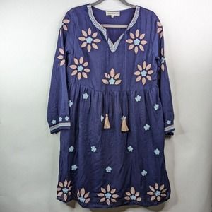 Brass & Roe M Navy Embroidered Floral Boho Hippie Flowy Babydoll Dress